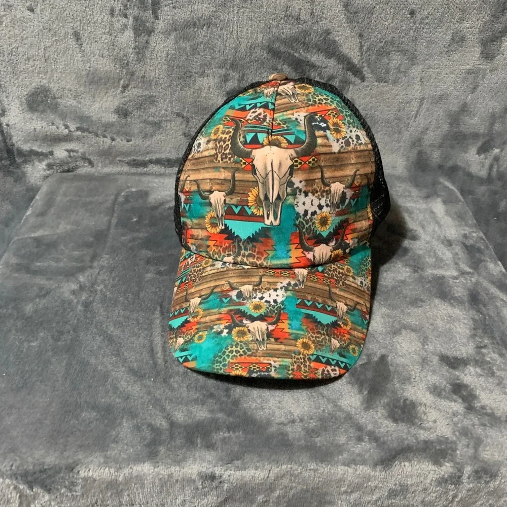 Womens Western Bull Skull Sunflower Ponytail Trucker Hat Mesh Back Cap Multi